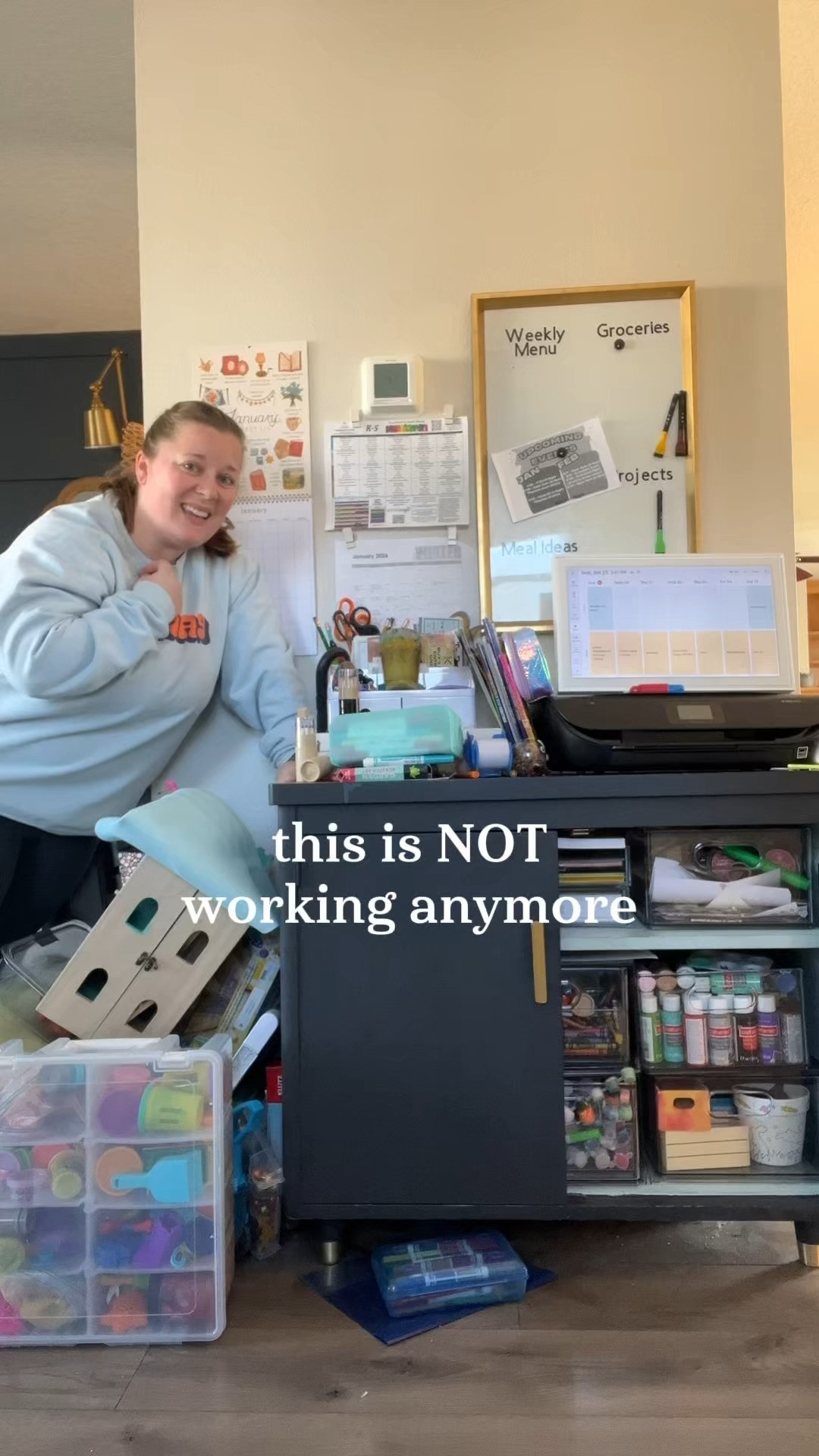 I purged. I condensed. I reorganized over and over again.

But here’s the truth I finally had to admit: we’re just a crafty family, and our supplies aren’t getting any less. 

For a while, I kept wondering if my kids would “grow out of it”… but I really don’t think that’s happening for us. So instead of fighting the mess, I changed the container.

This new cabinet spans the entire width of this little wall and is taller too, which means we were finally able to fit almost everything inside. No more overflow pile on the side stressing me out.

I also designated the entire top shelf for craft kits that need to be used up, and we’re officially making it a goal to actually do them. 👏

Sometimes the problem isn’t your organizing skills, it’s the storage you’re trying to force to work.

 

 

#LTKmomlife #LTKHome #LTKKids