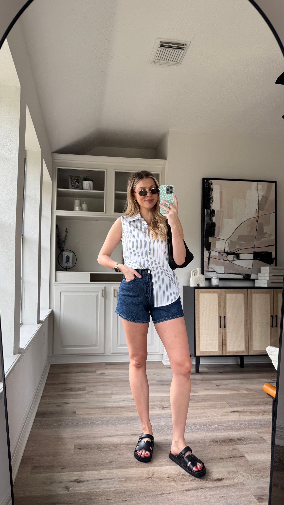 Nursing Friendly Spring Outfit | This top looks so cute with jeans and shorts and is super nursing friendly. Wearing size S in the top and 26 in the shorts. Sandals fit tts. 

#LTKStyleTip
