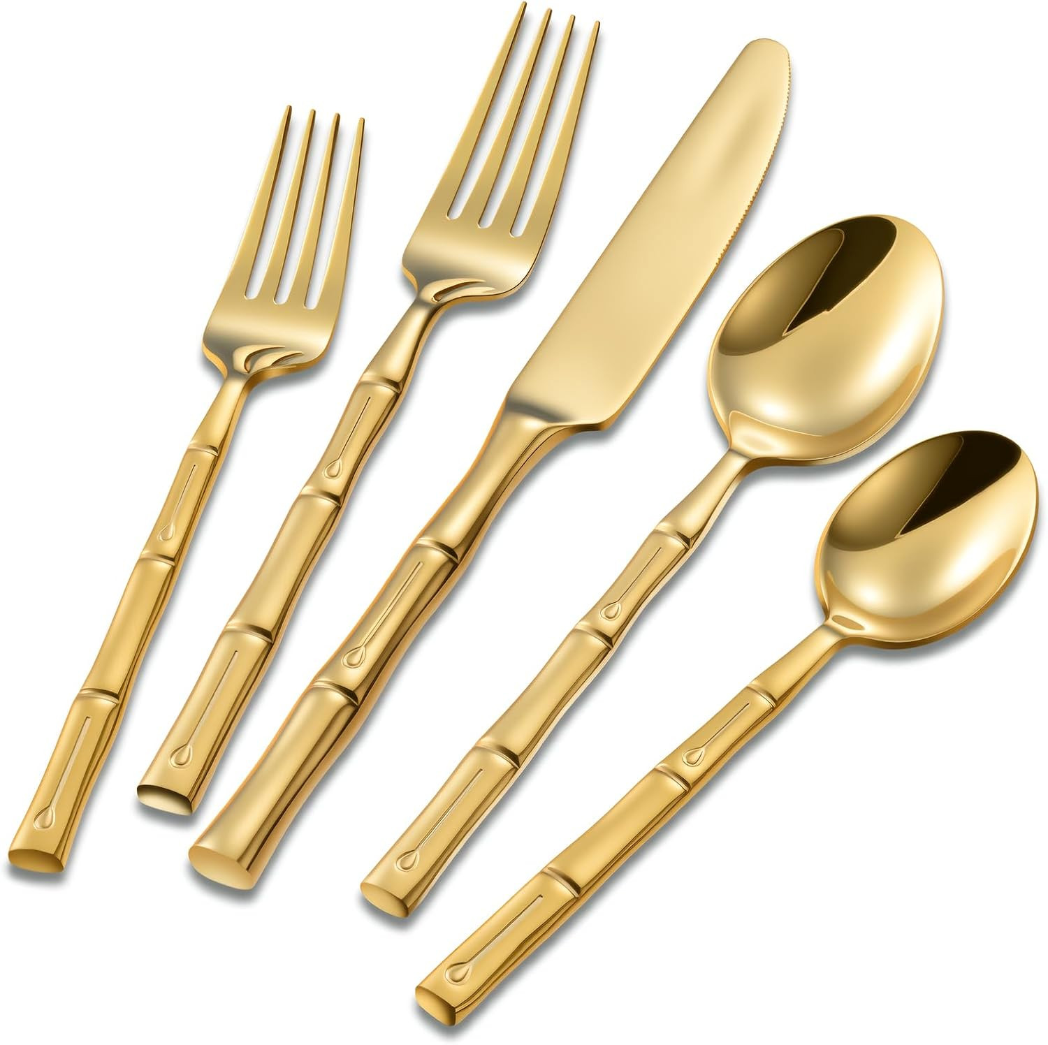 Flatware Set Gold Silverware Set with Bamboo Pattern Mirror Polished 20 Pieces Cutlery Set Housewarming Wedding Gift Service for 4 | Amazon (US)