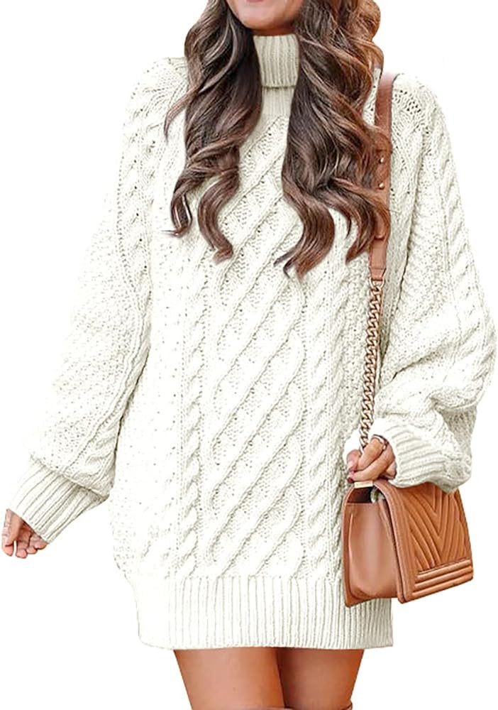 ANRABESS Women 2023 Fall Oversized Long Sleeve Turtleneck Cable Knit Chunky Pullover Short Sweate... | Amazon (US)