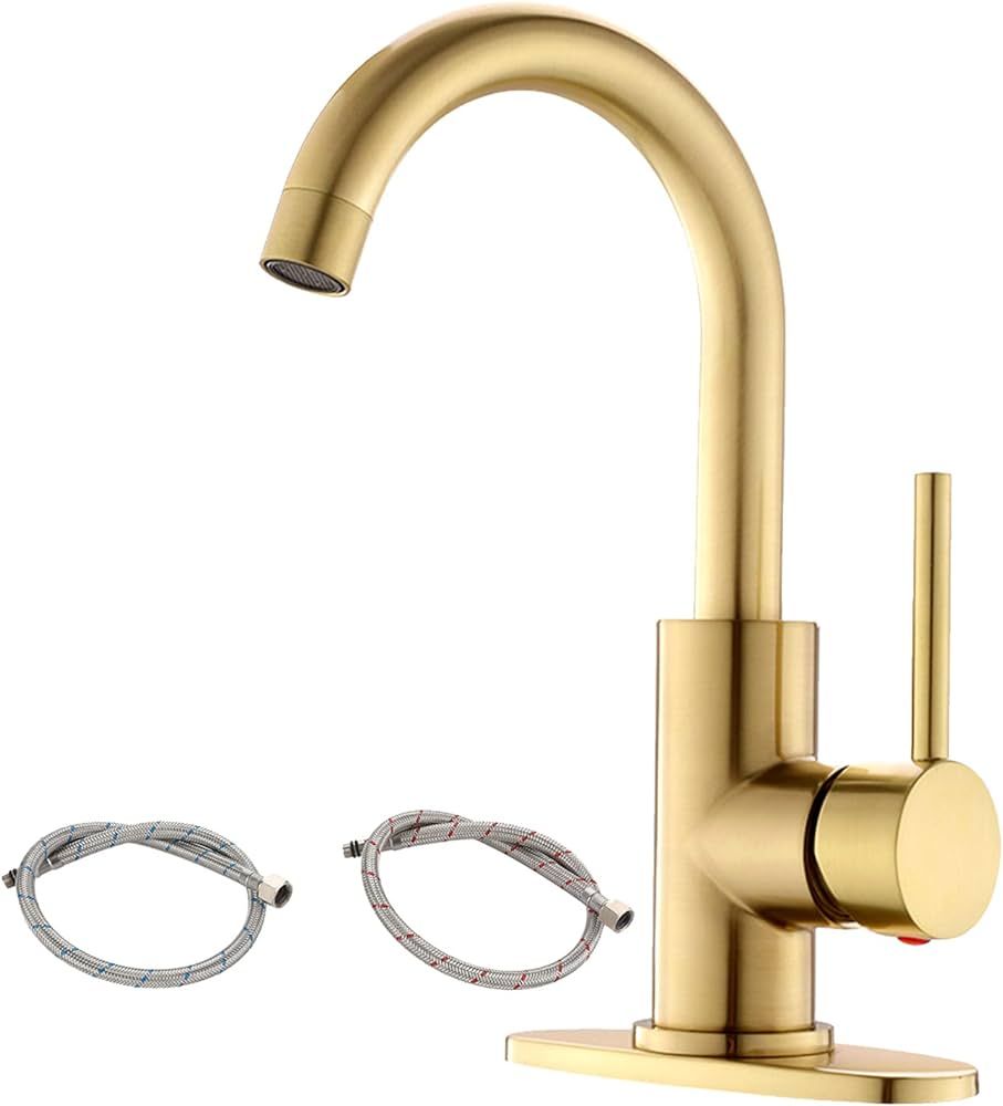 Single Handle Brushed Gold Bathroom Sink Faucet with Supply Hose, 360° Swivel Gold Bar Sink Fauc... | Amazon (US)