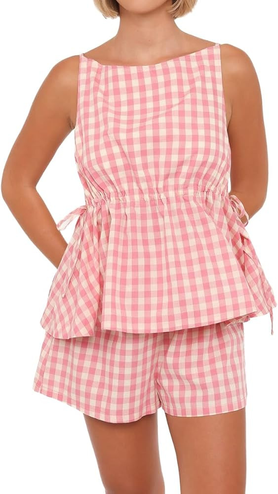 Womens Gingham 2 Piece Outfits Sleeveless Plaid Drawstring Top and Shorts Summer Beach Vacation M... | Amazon (US)