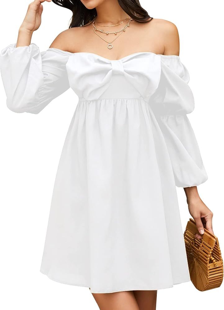 Amazon.com: EXLURA Womens Casual Mini Dress Square Bow Neck Long Puff Sleeve Dress Empire Waist B... | Amazon (US)