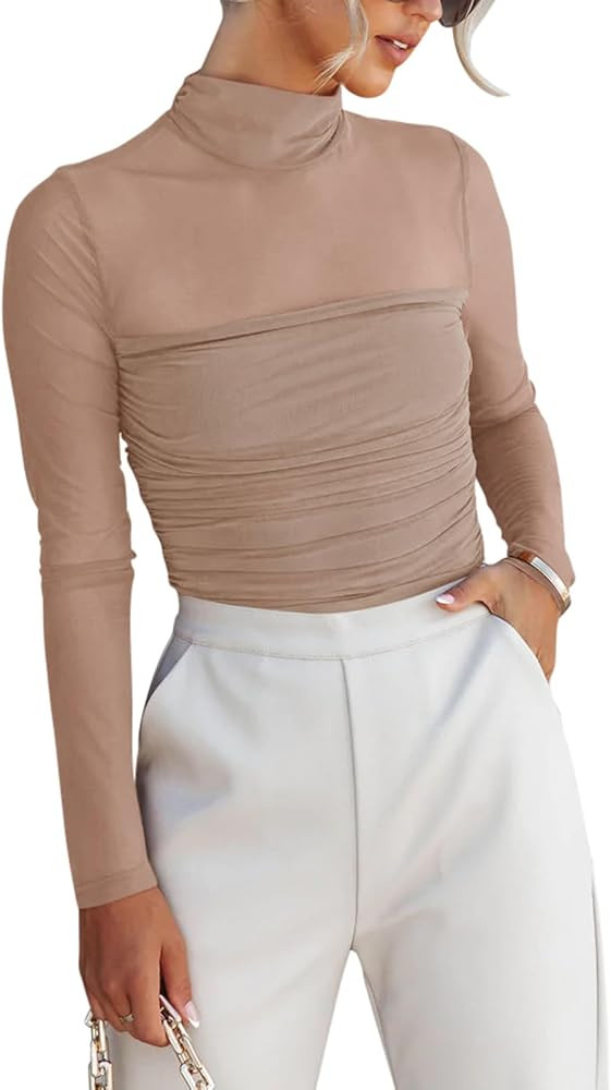 REORIA Women’s Trendy Sexy Mock Turtle Neck Long Sleeve Sheer Mesh Ruched Going Out Bodysuits T... | Amazon (US)