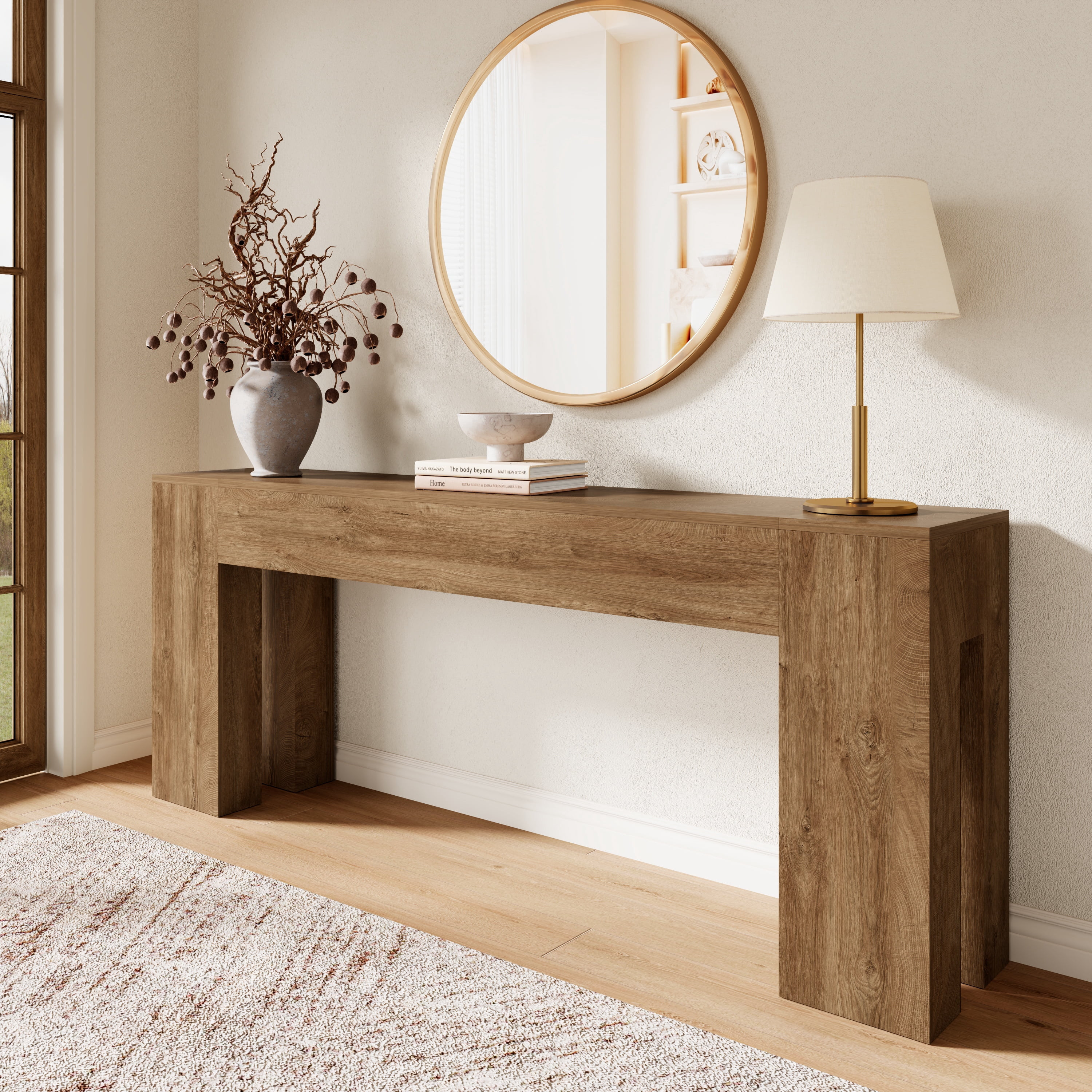 Extra Long Sofa Console Table for Entryway Living Room, 78-Inch Farmhouse Wood Behind Couch Table, Rectangular Accent Console with Wooden Double Base for Hallway Foyer Entrance, Natural Oak Brown | Walmart (US)