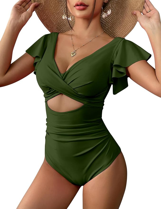 AI'MAGE Women's Ruffle One Piece Swimsuit V Neck Tummy Control Bathing Suits Cutout Backless Swim... | Amazon (US)