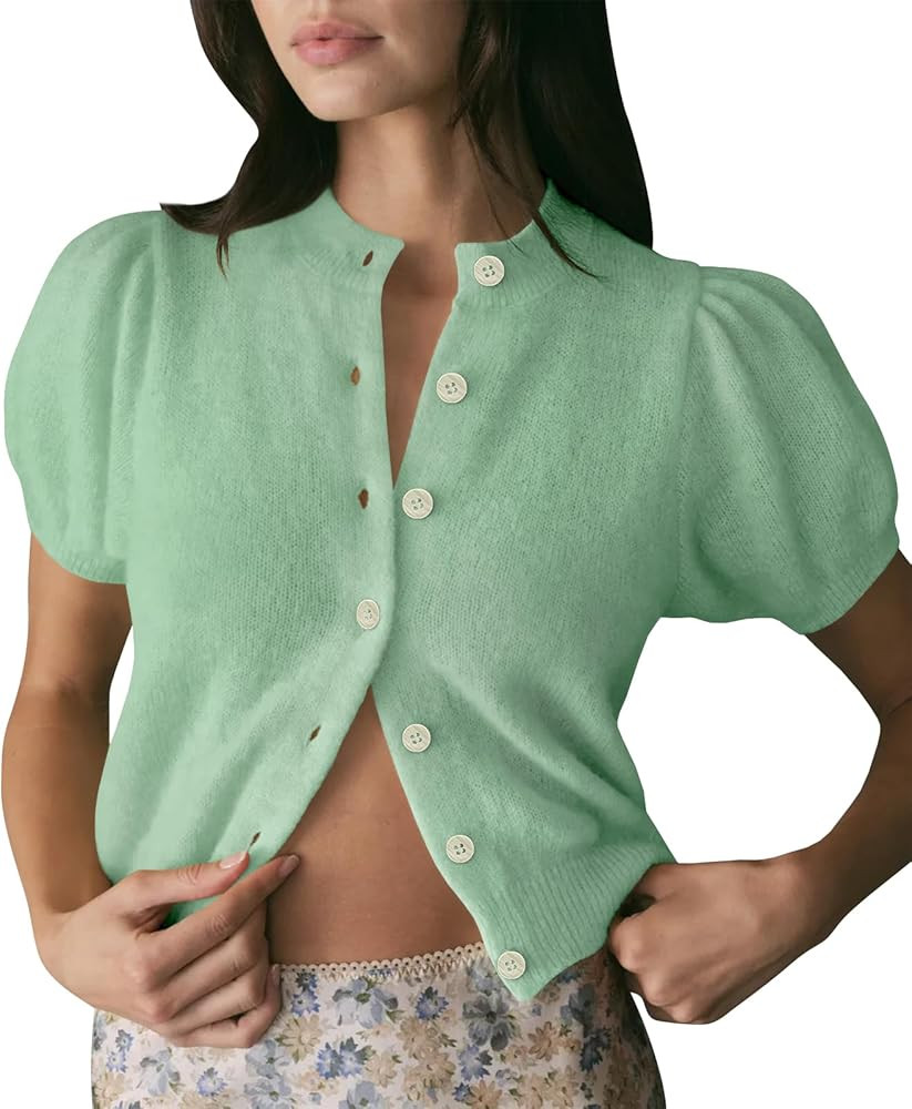 Womens Puff Short Sleeve Cardigan Sweaters Cropped Button up Lightweight Y2k Knit Summer Cardigan... | Amazon (US)