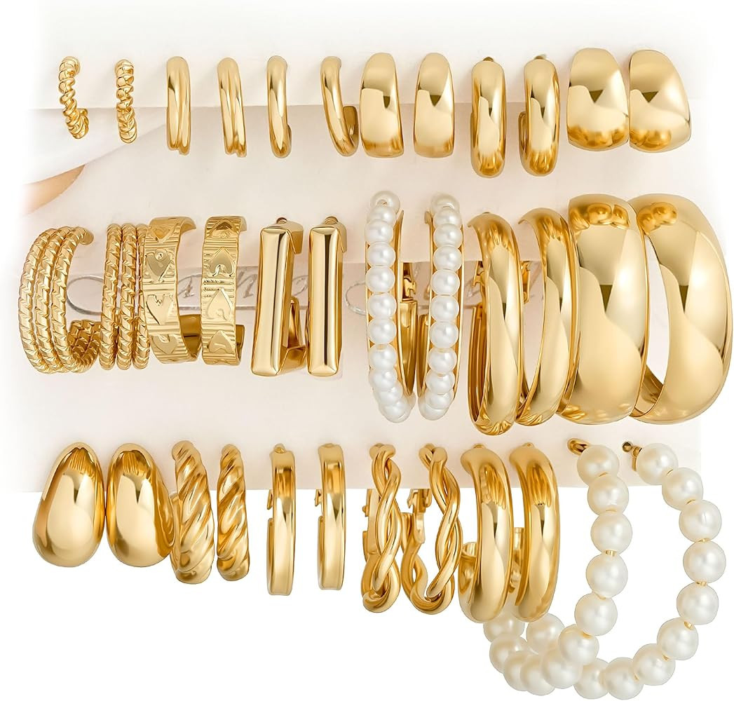 Gold Hoop Earrings Set for Women, 18 Pairs Hypoallergenic Statement Open Pearl Hoops Earring for ... | Amazon (US)