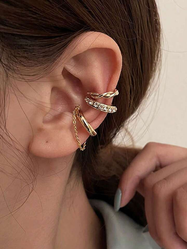 17KM 3pcs/set Simple Cubic Zirconia Ear Cuff & Stud Earring Set For Women's Holiday Date Gifts | SHEIN