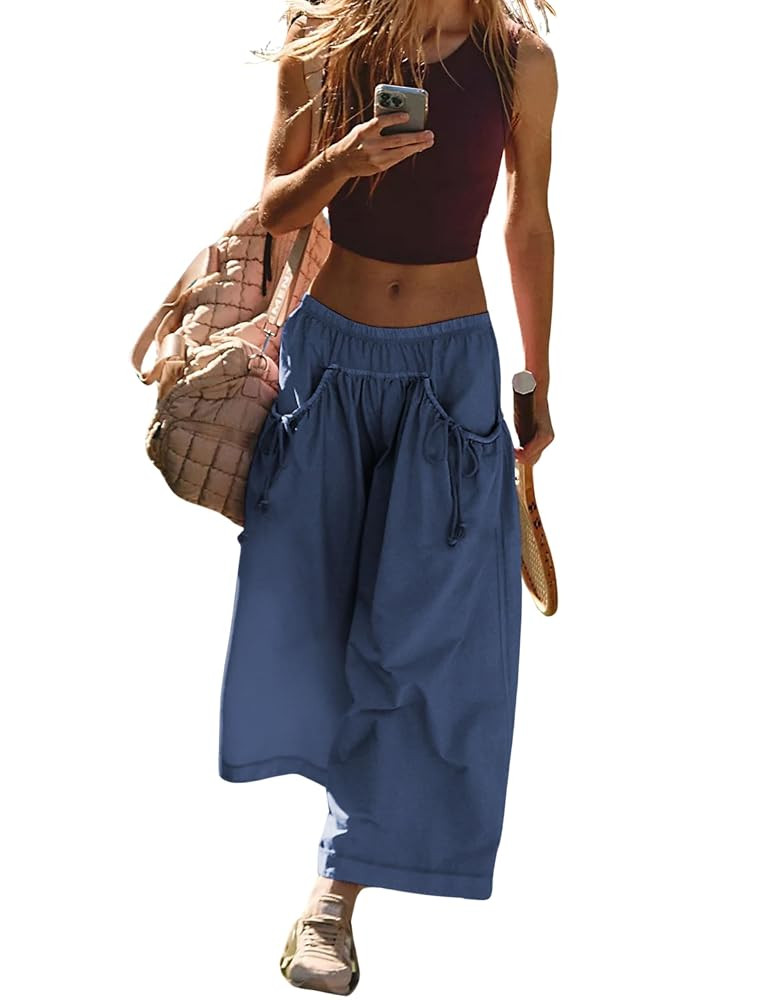 Hooever Women's Loose Wide Leg Track Pants Drawstring Pockets Elastic Waist Capri Hiking Pants | Amazon (US)