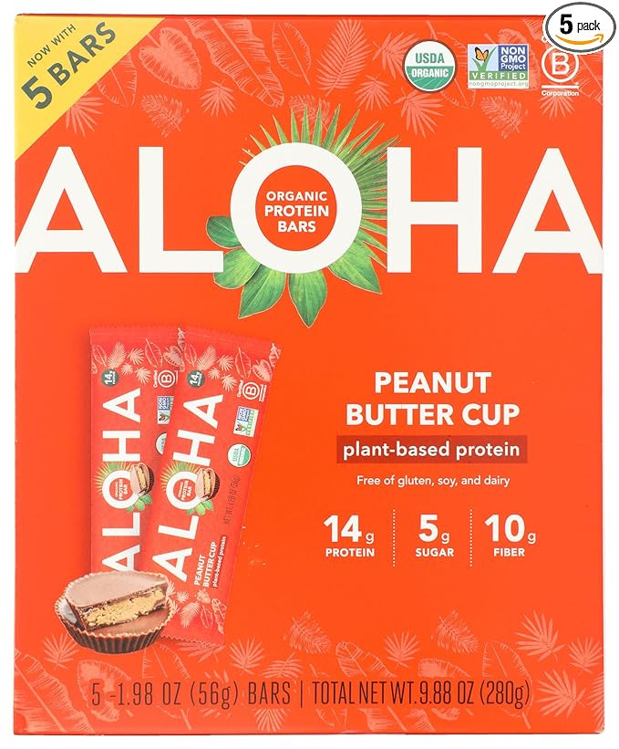 ALOHA Organic Plant Based Protein Bars, Peanut Butter Cup , 1.98-Ounce Bars, (Pack of 5) | Amazon (US)