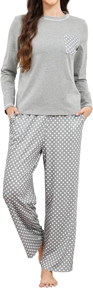 GAESHOW Cotton Pajama Sets for Women Pjs Long Sleeve Pants Crew Neck Polka Dots Sleepwear 2 Piece... | Amazon (CA)