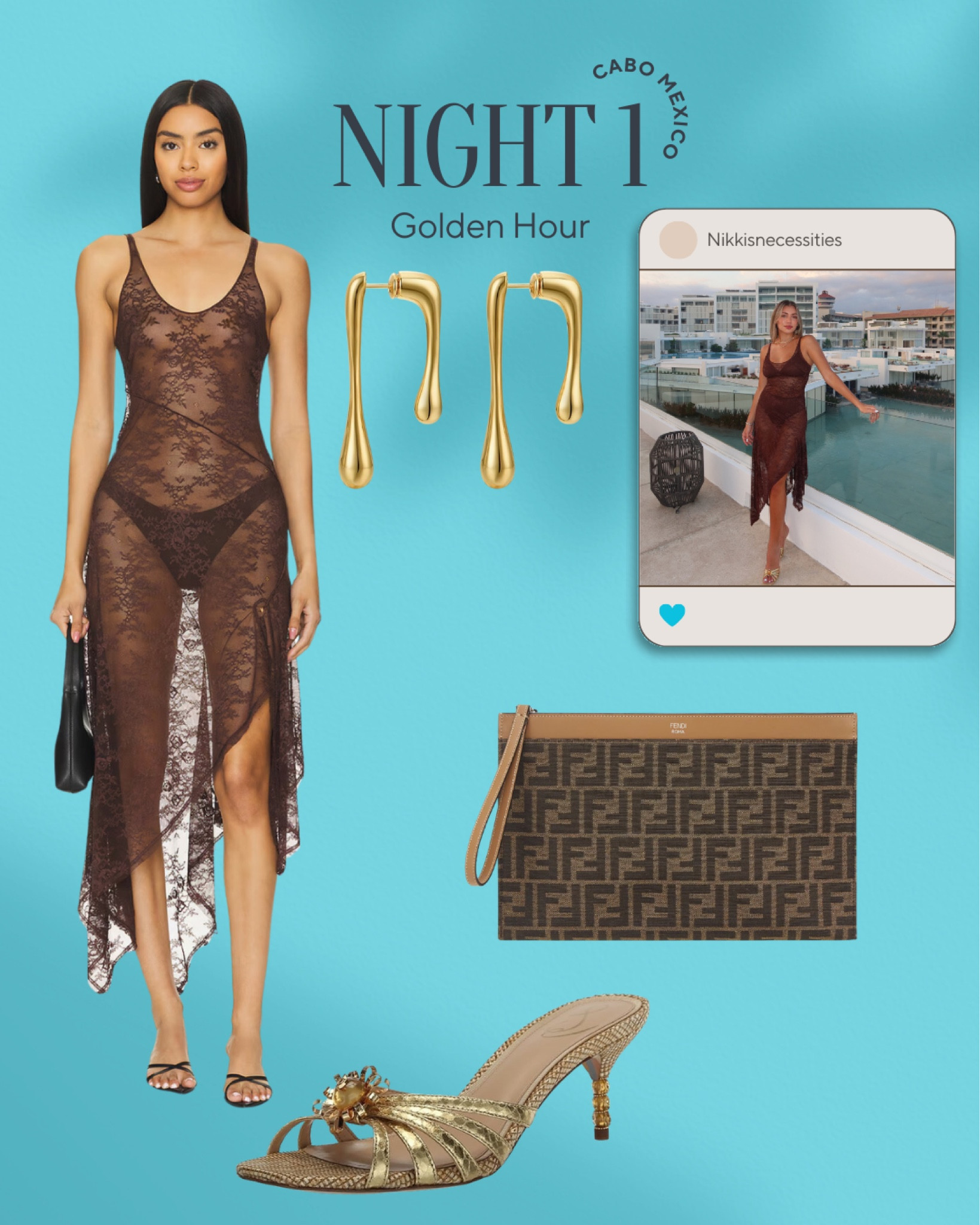 Cabo outfits 
Vacation outfits 
Mexico inspo 
Because and bridge 
Amazon finds 
Amazon jewelry 
Brown dress lace dress 
Sheer dress 
Gold heels 
Kitten heels 
Gold beaded heels 
Sam Edelman 
Fendi flat pouch bag 
Fendi logo bag 
Brown lace dress 
Sleeveless dress 
Skims undergarments 
Skims bralette 
Skims high waisted underwear 

#LTKSaleAlert #LTKStyleTip #LTKTravel
