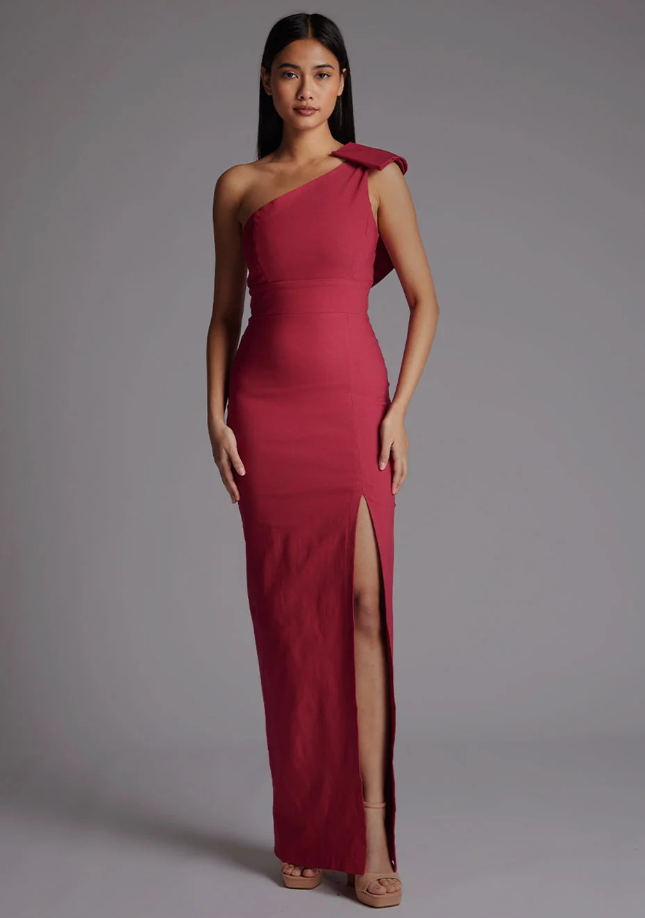 Keegan | One Shoulder Raspberry Maxi Dress With Bow | VSPR US