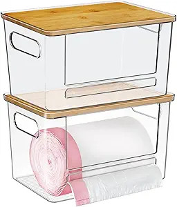 Trash Bag Dispenser 2 Pack, Acrylic Garbage Bag Dispenser with Bamboo Top, Extra Large Trash Bag ... | Amazon (US)