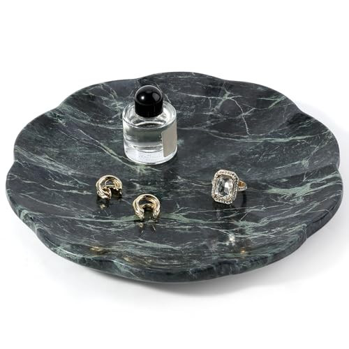 Koville Marble Tray, 8" Round Marble Vanity Tray for Jewelry Trinket Perfume, Natural Stone Tray for Bathroom Kitchen Dresser Countertop, Scalloped Decorative Tray for Home Table Decor(Green) | Amazon (US)