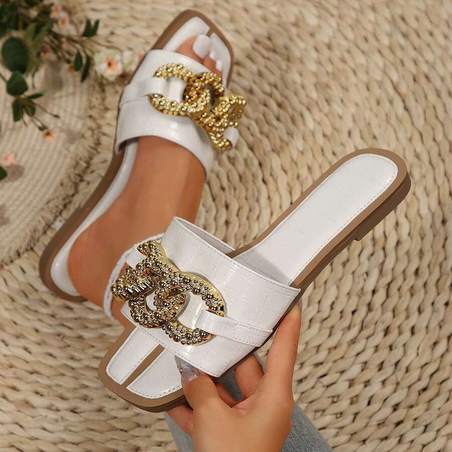 LocalNEWChic Summer Vacation Casual Shoes For Women Scale Embossed Faux Leather Glitter Golden Ch... | SHEIN