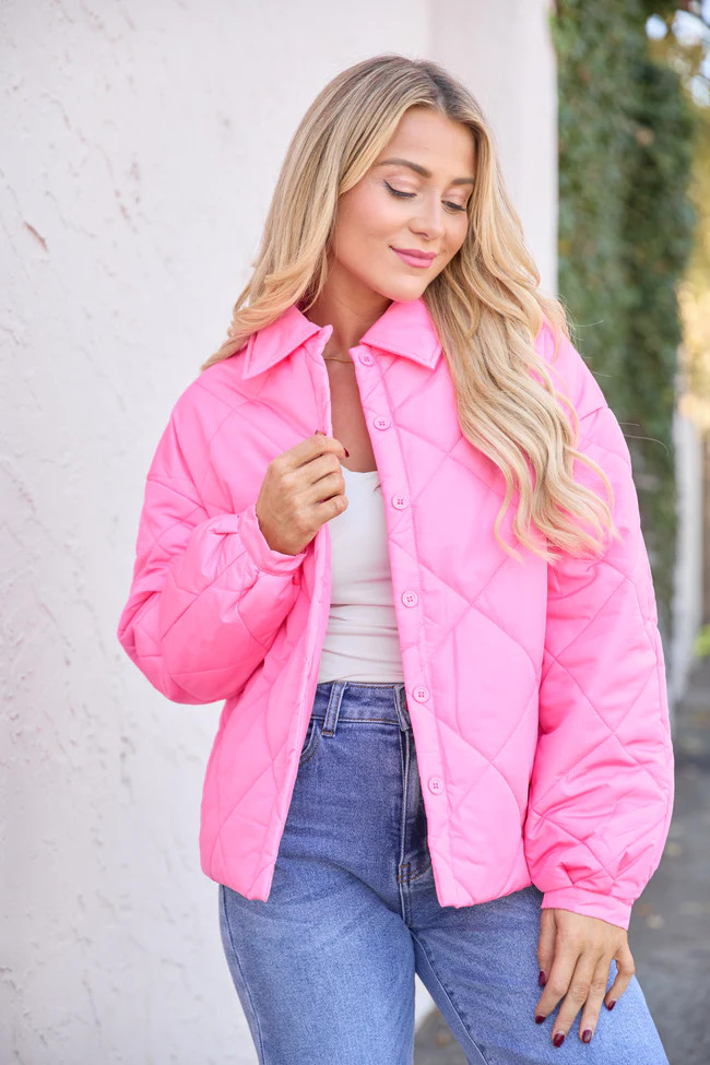 Kylan Pink Button Up Puffer Jacket | Pink Lily