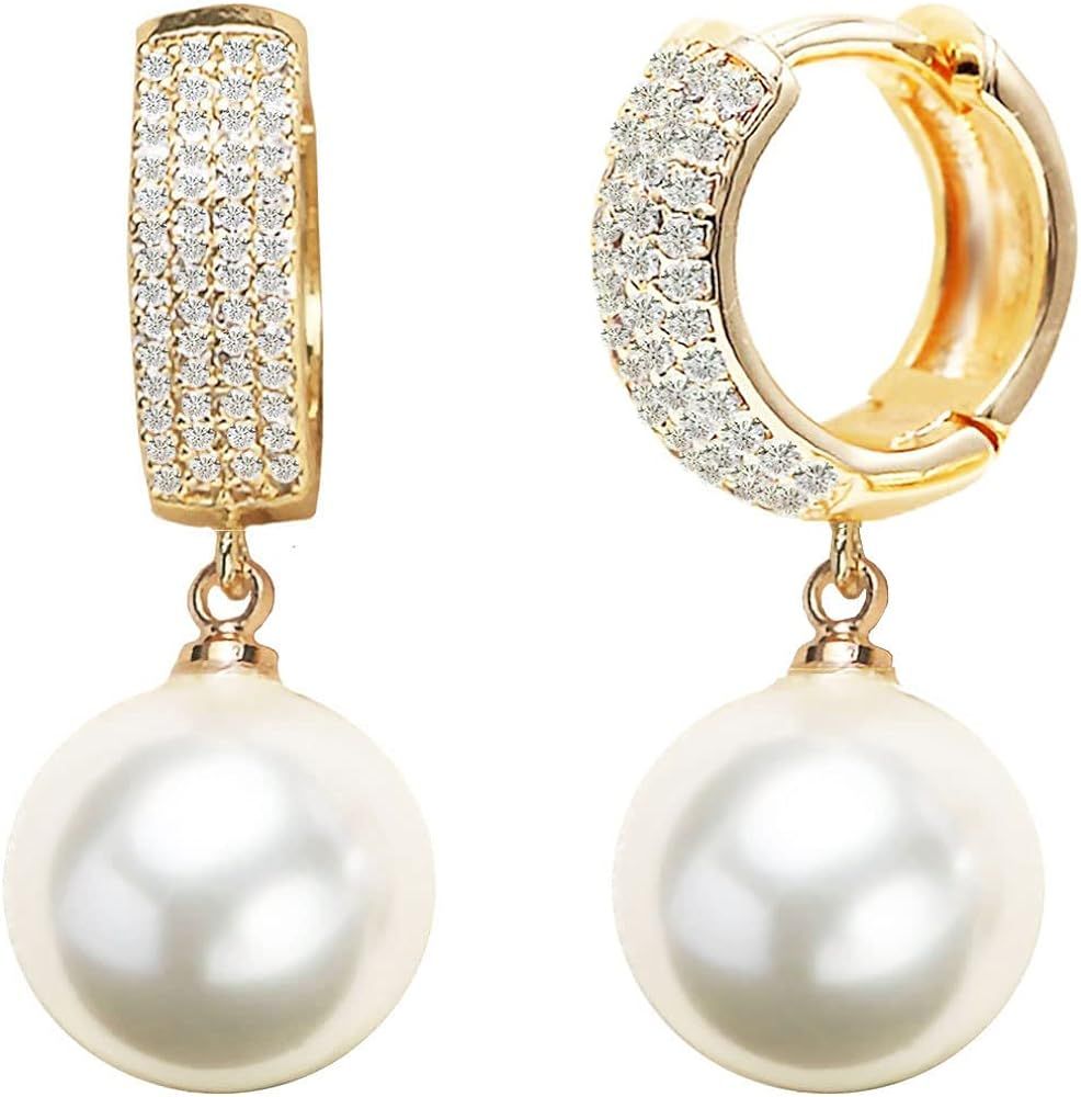 Pearl Dangle Drop Earrings Jewelry for Women Girls Gold Plated Zircon Pendant Bead Diameter12mm | Amazon (US)
