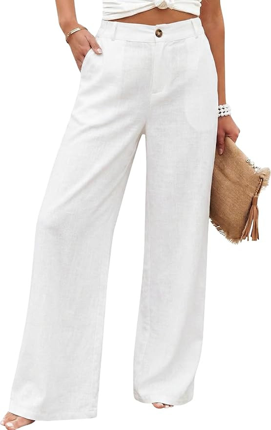 Hooever Womens Cotton Linen Pants Casual Button Up High Waisted Wide Leg Trousers | Amazon (US)