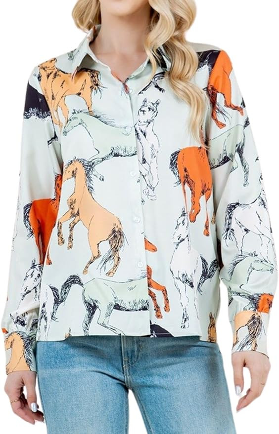Womens Horse Print Long Sleeve Button Down Shirt Loose Fit Western Cowgirl Rodeo Blouse Top | Amazon (US)