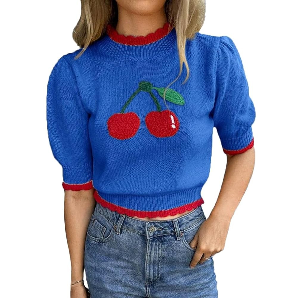 Women Cute Puff Short Sleeve Cherry Graphic Sweater Trendy Mock Neck Color Block Patterned Knit C... | Amazon (US)
