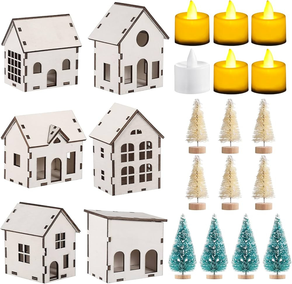 Hiboom 22 Pieces Christmas Village Set Christmas Wooden Houses for Crafts LED Lights Christmas To... | Amazon (US)