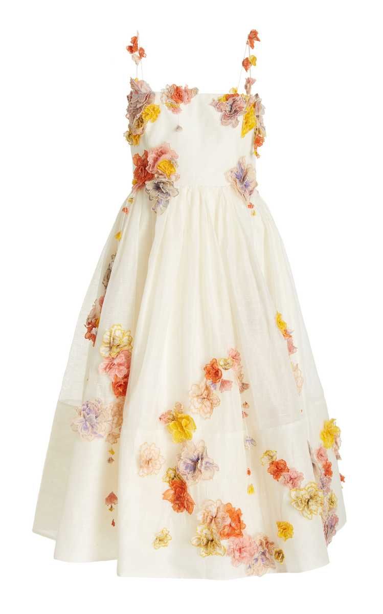 Postcard Floral-Appliqued Linen-Silk Midi Dress | Moda Operandi (Global)