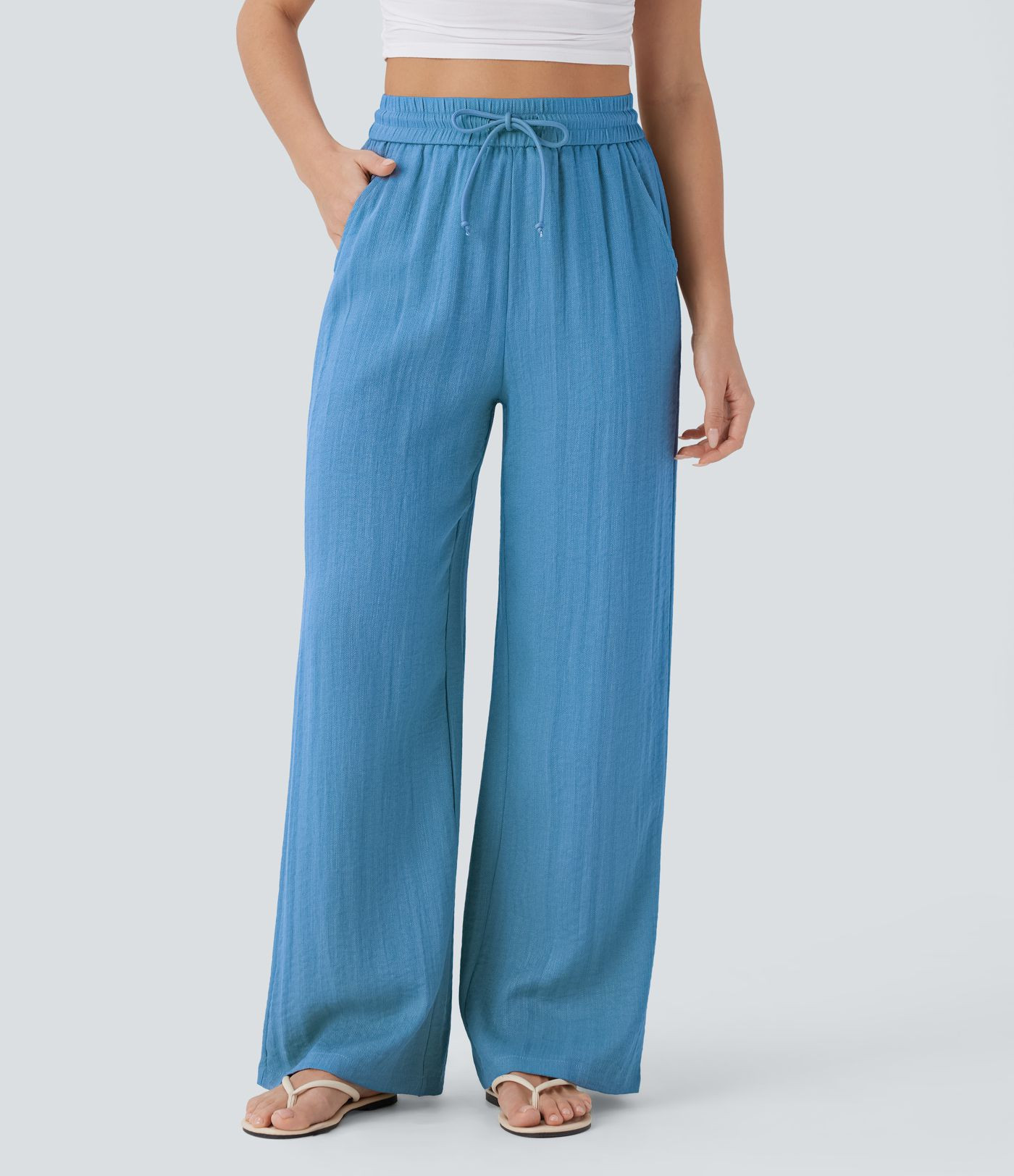 Women’s High Waisted Drawstring Pocket Wide Leg Casual Linen-Feel Trousers - Halara | Halara UK