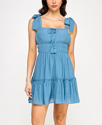 Juniors' Square-Neck Tie-Strap Fit & Flare Dress | Macy's