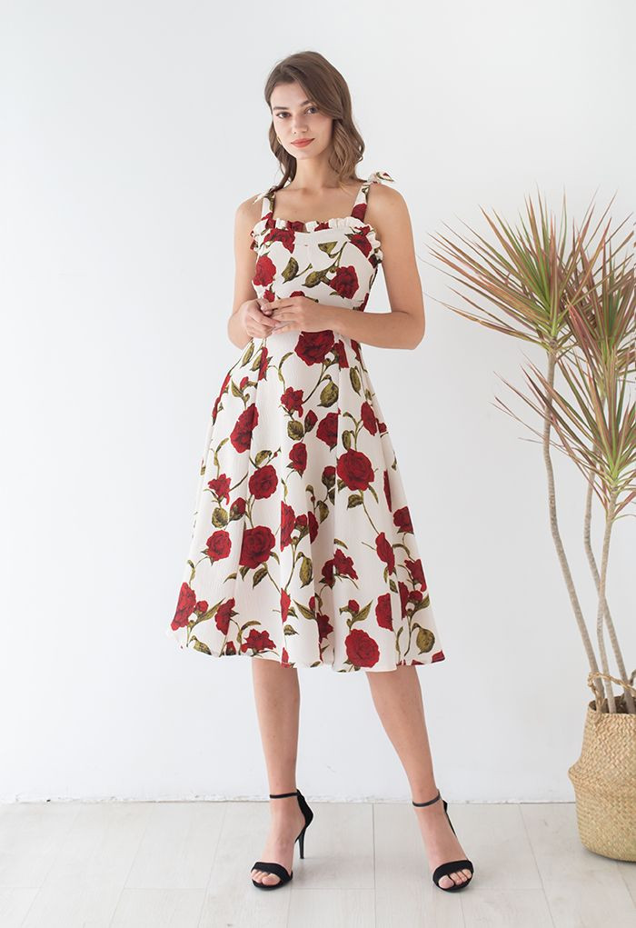 Serene Red Rose Tie-Strap Embossed Midi Dress | Chicwish
