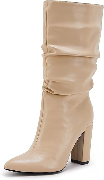 Womens Winter Slouchy High Heel Boots Mid Calf Suede Slip on Chunky Block Pointed Toe Boots | Amazon (US)