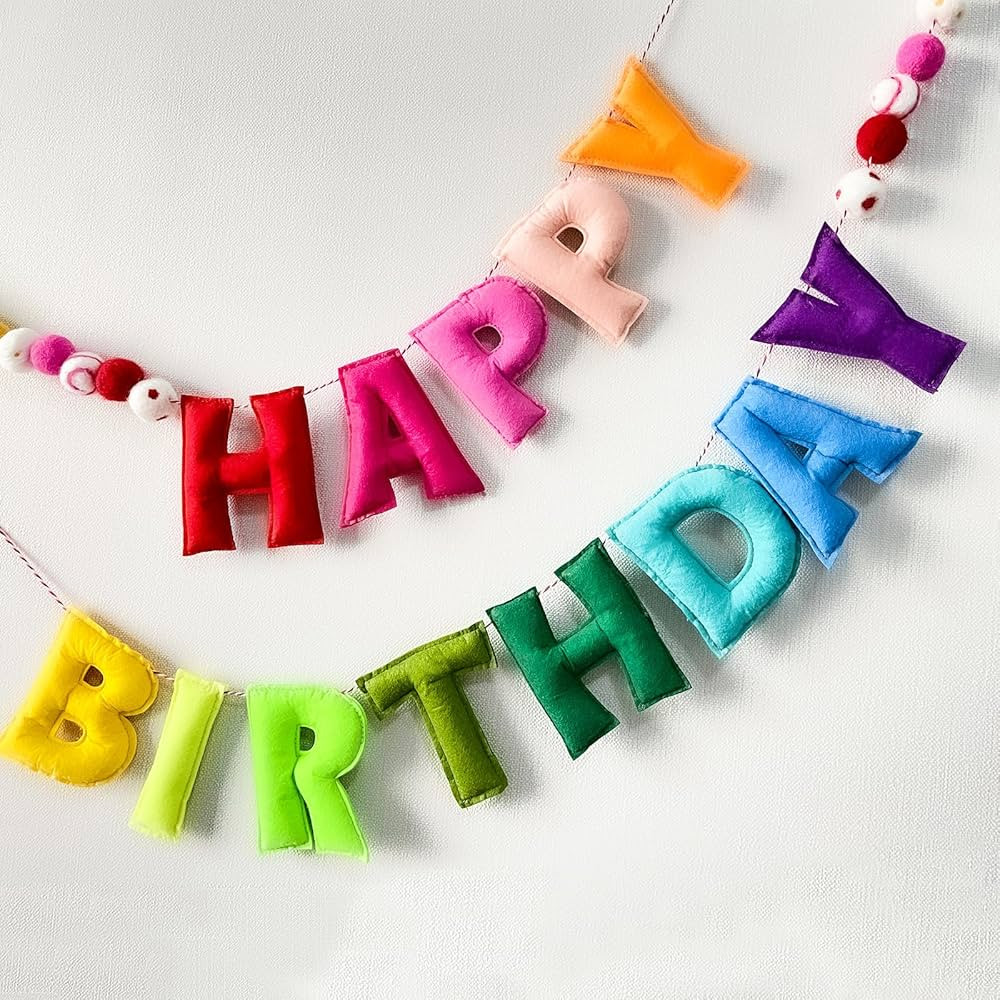 Pre-Strung Happy Birthday Banner - Felt Ball Garland - Reusable Happy Birthday Garland, Rainbow P... | Amazon (US)