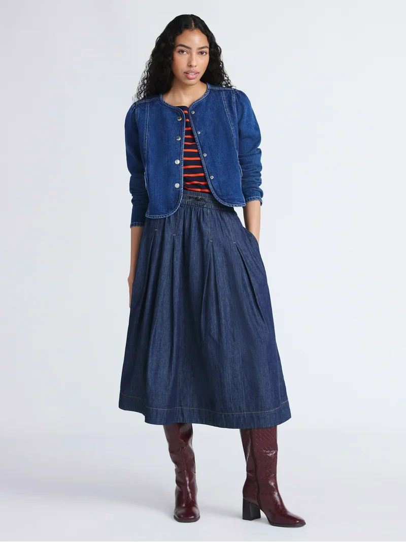 Free Assembly Women's Cropped Denim Jacket with Puff Sleeves, Sizes XS-XXL | Walmart (US)