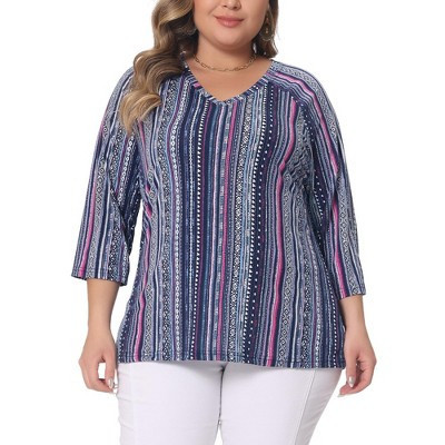 Women's Plus Size V Neck 3/4 Sleeve Knit Stripe Boho Casual Blouses - Agnes Orinda 1X Navy Blue | Target