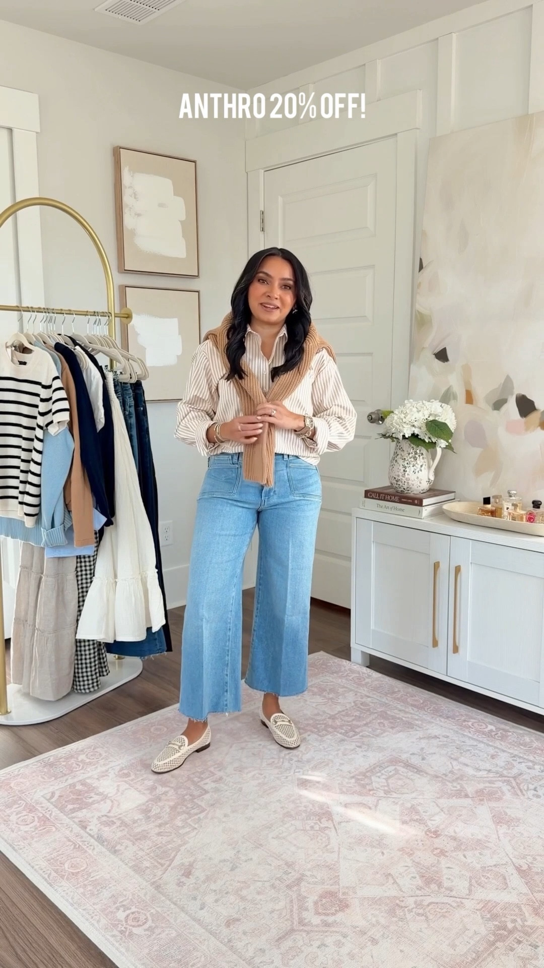 Anthropologie Try On! Use code  ANTHRO20 for 20% off full priced order $100+, ends 3/9. 
For reference: I’m 5’0, 32b bra size, and 2/26 in bottoms, pear shaped. 
*Everything I share is unaltered! TTS means true to size. Between size 5-6.5 in shoes

Tan stripe button down size xxs petite TTS
Crop wide leg jeans in color vail size 26 petite TTS
Mesh loafers size 5 TTS - if in between sizes, size up a half size


Brown gingham and denim blue mary jane espadrille shoes size 5-5.5 but found them to be small so would size up to the 6-6.5

Multi color strip cardigan size xxs TTS - size up if you have a larger bust

Floral maxi dress size xs petite TTS - did not like this dress

Black gingham top size xxs regular TTS, size up a size if you have a larger bust
Black gingham pants size 26 petite TTS
Clear heels size 5 TTS


Blue floral belted dress size xxs regular TTS - Anthro did not have many petite size options available right now!
Tan heels size 5 TTS

Brown dot dress size xs petite TTS
Heels are old, similar linked


Comment SHOP below to receive a DM with the link to this post on my LTK ⬇ https://liketk.it/5XQu4 #ltkpetite #ltkgrwm #ltksalealert

#LTKSpringSale #LTKSaleAlert #LTKPetite