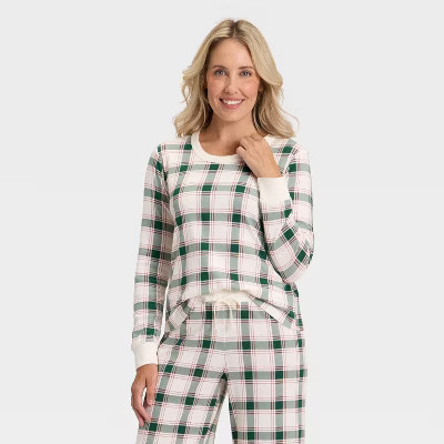 Women's Plaid Ribbed Long Sleeve Holiday Matching Family Pajama Shirt - Wondershop™ Cream L | Target