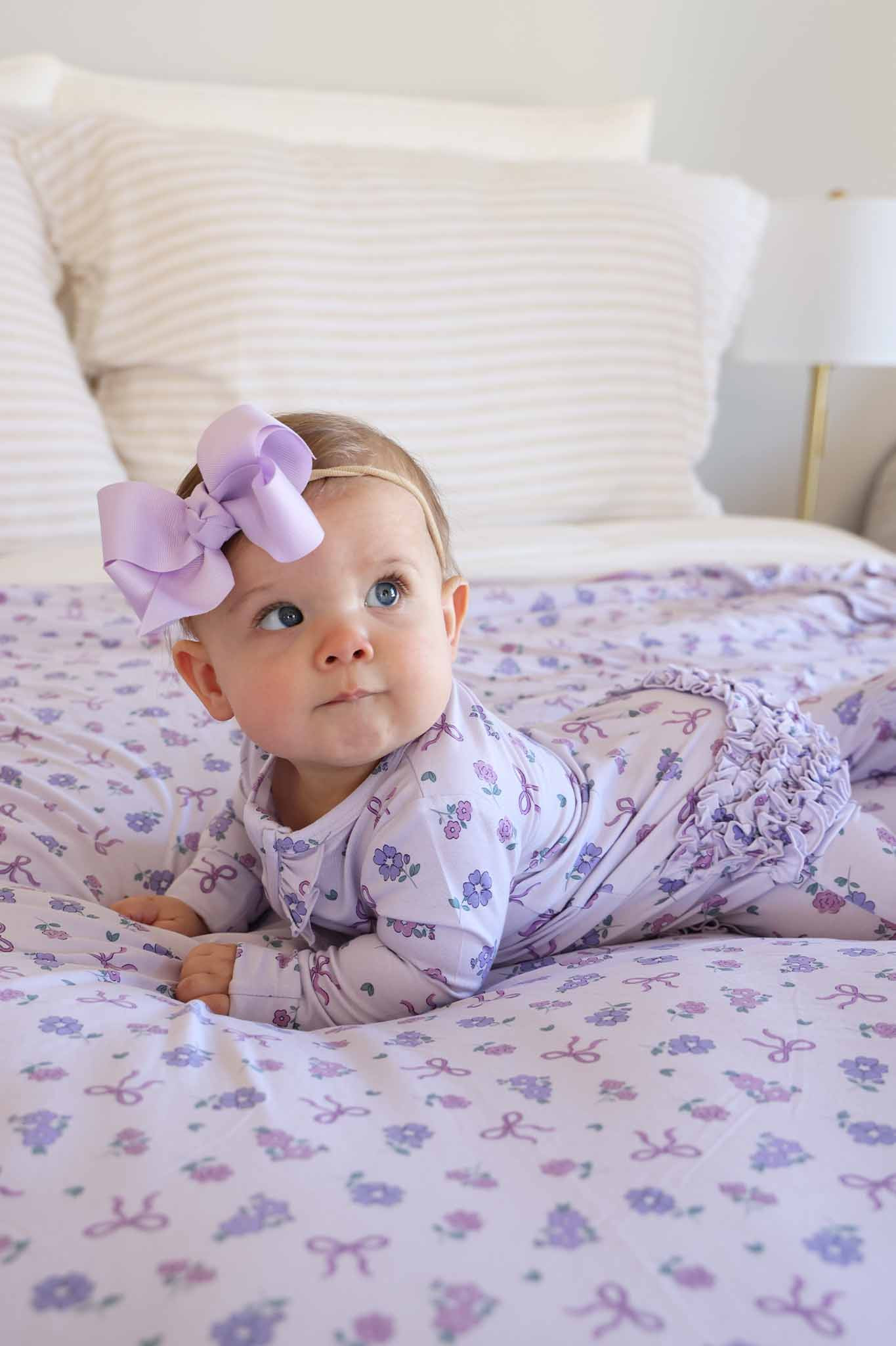 Ribbon & Roses Ruffle Zipper Footie | Purple | Caden Lane