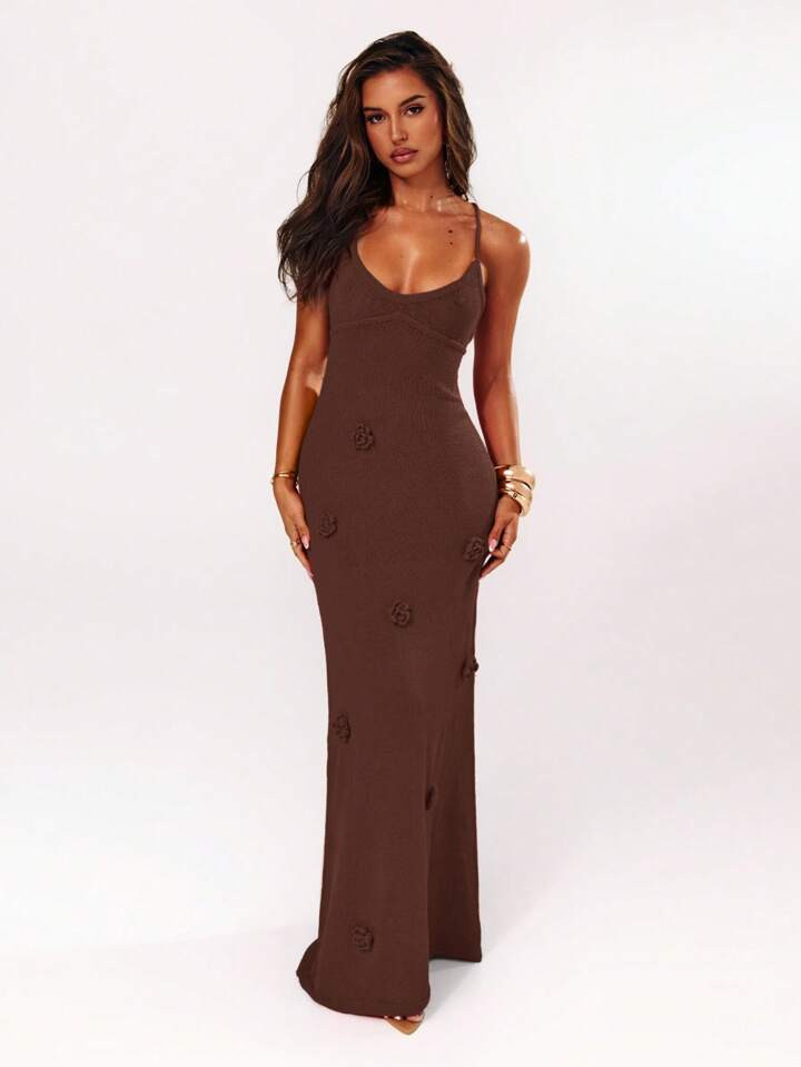SHEIN BAE Women Elegant Solid Color 3D Floral Decor Spaghetti Strap Backless Maxi Knit Dress | SHEIN