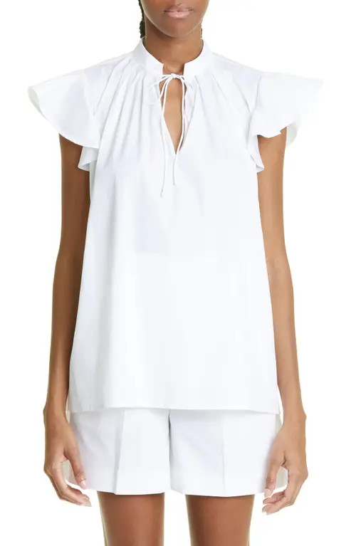 Eleventy Flutter Sleeve Tie Neck Poplin Blouse in 01- White at Nordstrom, Size 10 Us | Nordstrom