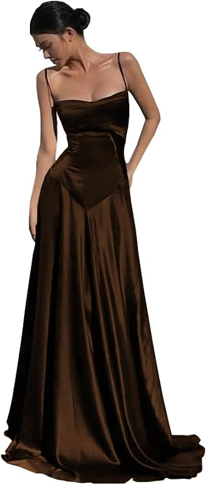 Spaghetti Strap Satin Prom Dress Floor Length Lace-up Back Bridesmaid Gown Elegant Party Dresses ... | Amazon (US)