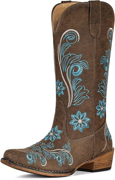 Cowboy Boots For Women Mid Calf Cowgirl Boots Embroidered Pull-On Tabs Snip Toe Boot | Amazon (US)