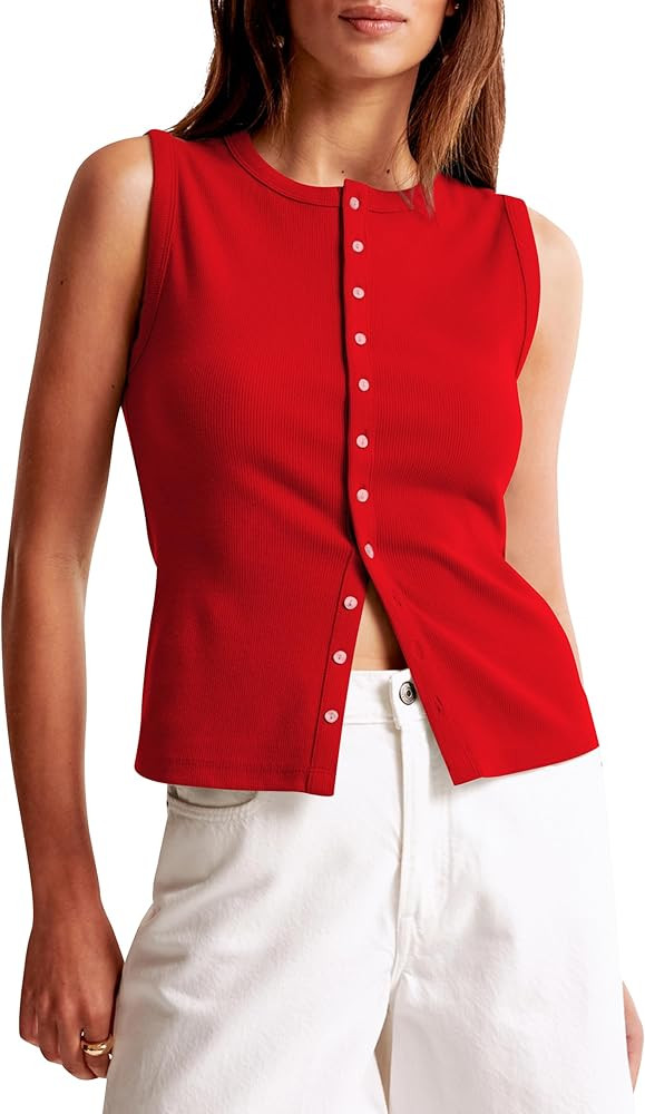 Cioatin Women Ribbed Button Down Tank Tops Sleeveless Crew Neck Slim Fit Open Front Crop Vest Goi... | Amazon (US)