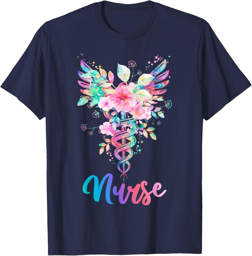 Nurse Watercolor Floral Caduceus T-Shirt | Amazon (US)