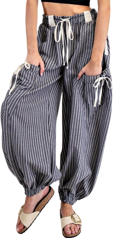 Women Drawstring Striped Pants Loose Wide Leg Casual Lounge Pants with Pockets | Amazon (US)