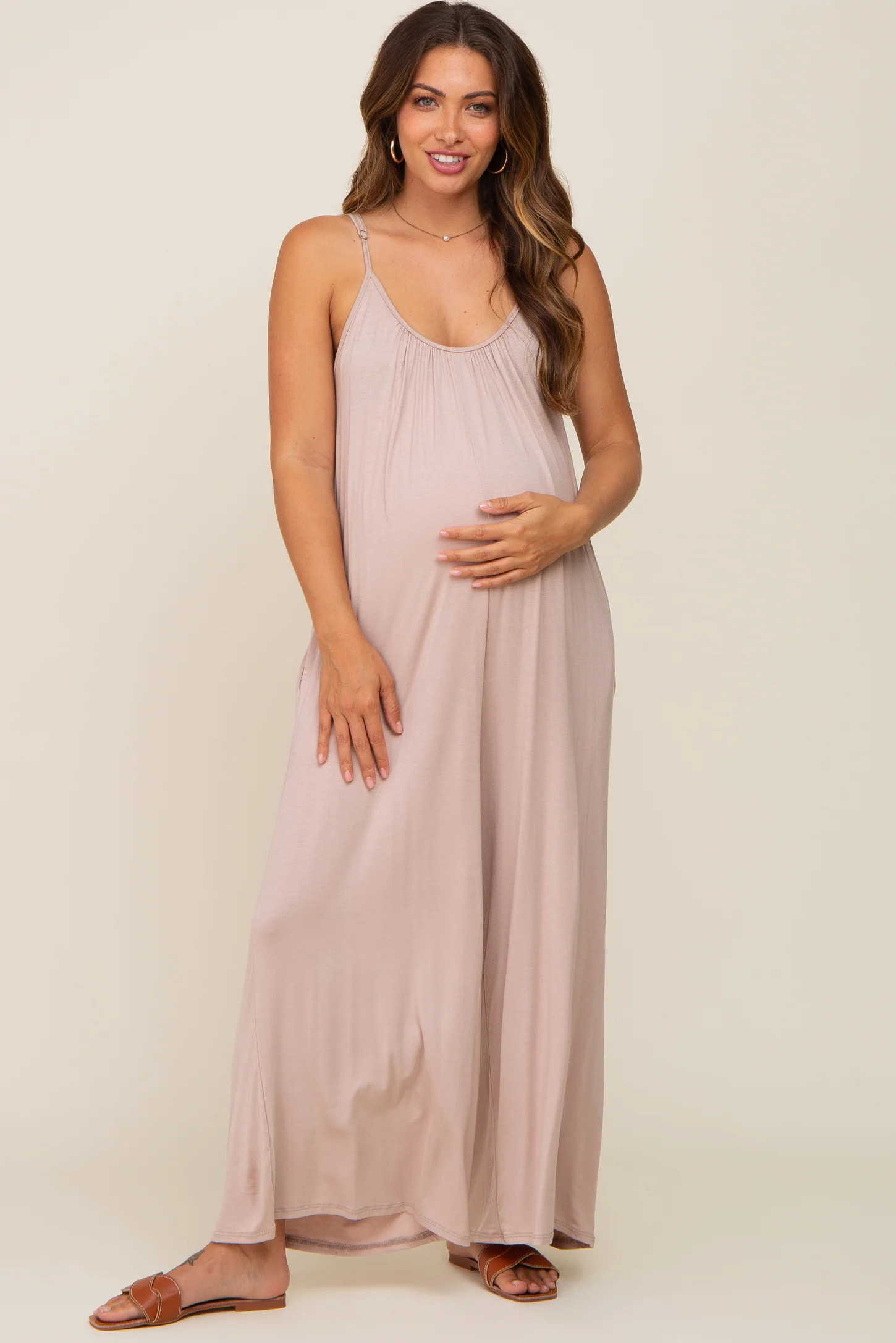 Taupe Basic Cropped Wide Leg Maternity Jumpsuit | PinkBlush Maternity
