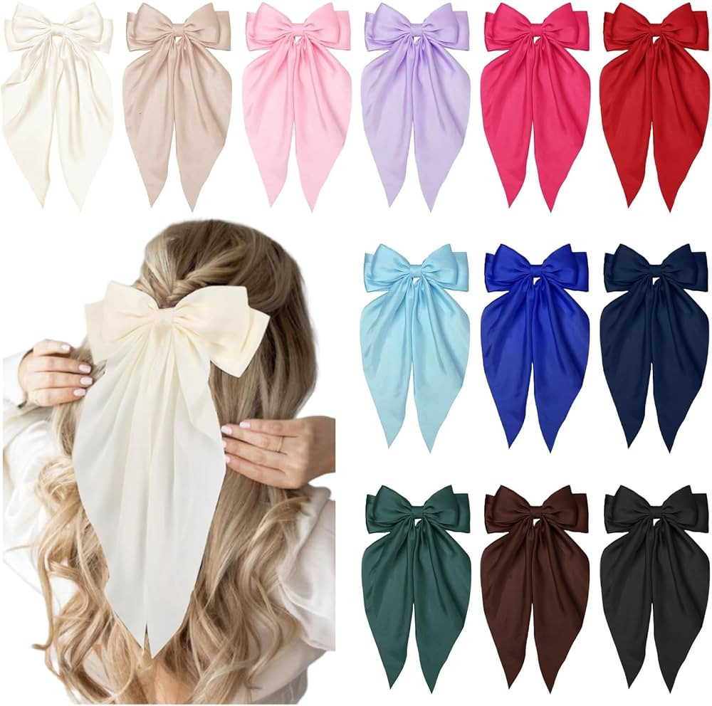 12PCS Hair Bows for Women Big Silky Satin Bow Clips with Long Tails Oversized, Cute Halloween Chr... | Amazon (US)