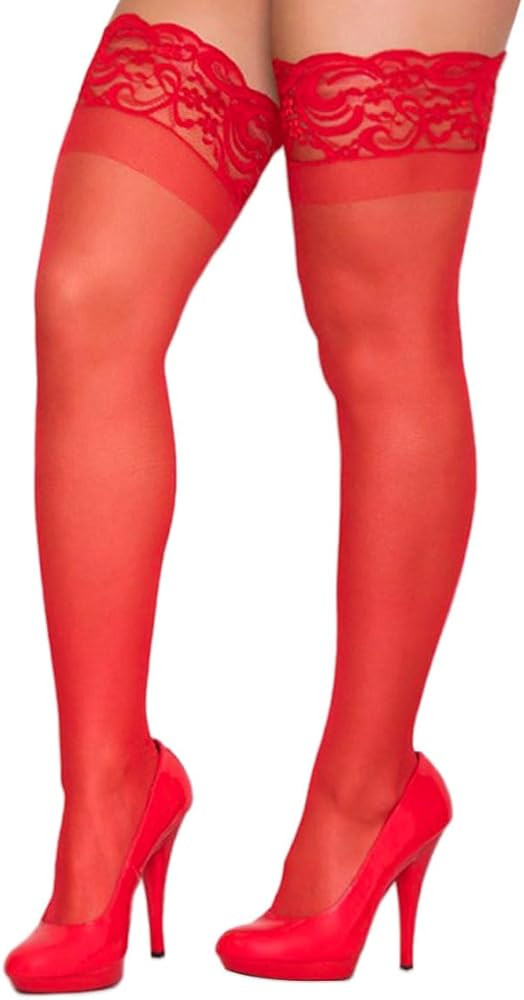 Women Lace Top Thigh High Stockings Silicone Stay Up Silky Semi Sheer Pantyhose | Amazon (US)