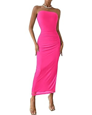 PRETTYGARDEN Womens Summer Strapless Maxi Bodycon Dresses With Club Slit | Amazon (US)