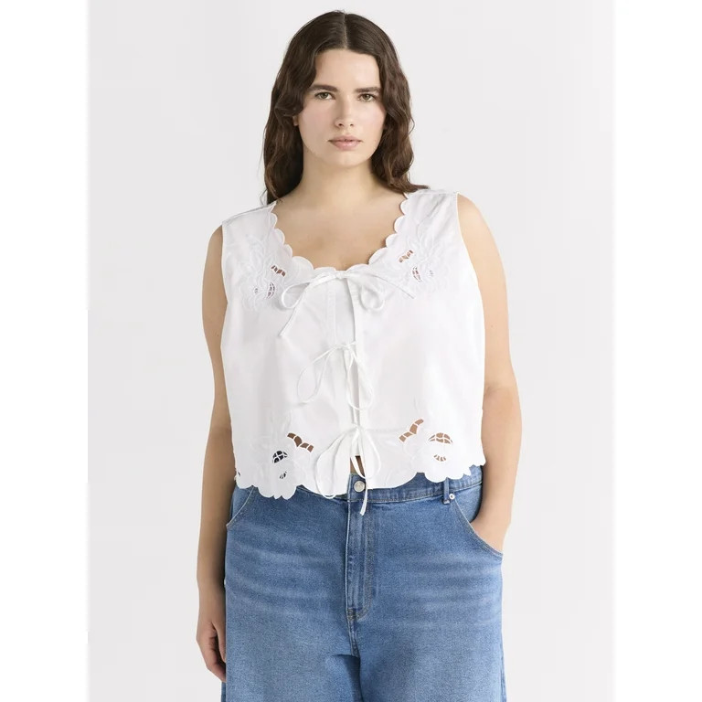 Free Assembly Women's and Women's Plus Cropped Tie Front Embroidered Cotton Top, Sizes XS-4X | Walmart (US)
